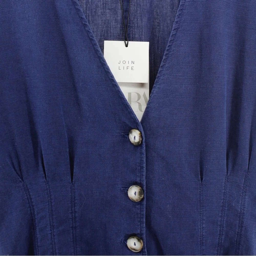 NEW Zara Navy Linen Blend‎ Deep V Short Romper Resort Coastal Vacation M